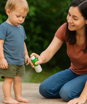 Madre aplicando repelente de insectos a su hijo.
