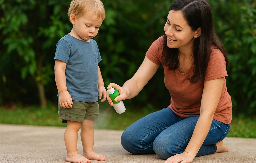 Madre aplicando repelente de insectos a su hijo.