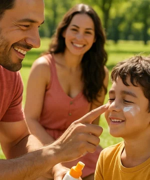 Padre aplicando protector solar al hijo con la familia detrás